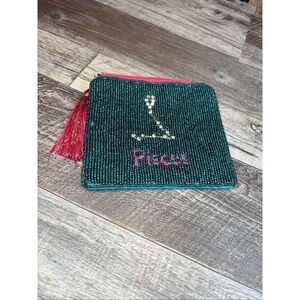 Beaded Pisces Zodiac Coin Purse | Teal & Pink Astrology Pouch with Rhinestone Co